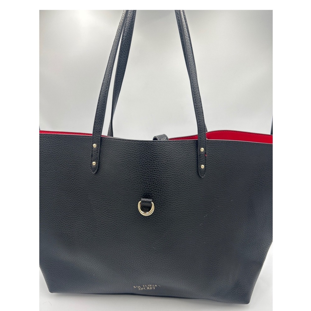 Victorias Secret Black Pebbled Faux Leather Tote Bag Red Interior Gold Hardware